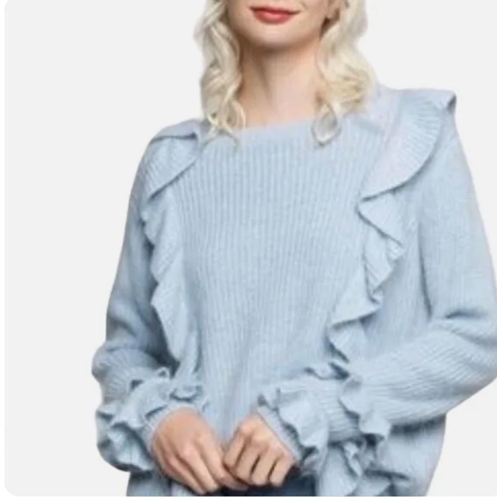 POL grey rabbit fur & wool blend ruffled crewneck sweater M